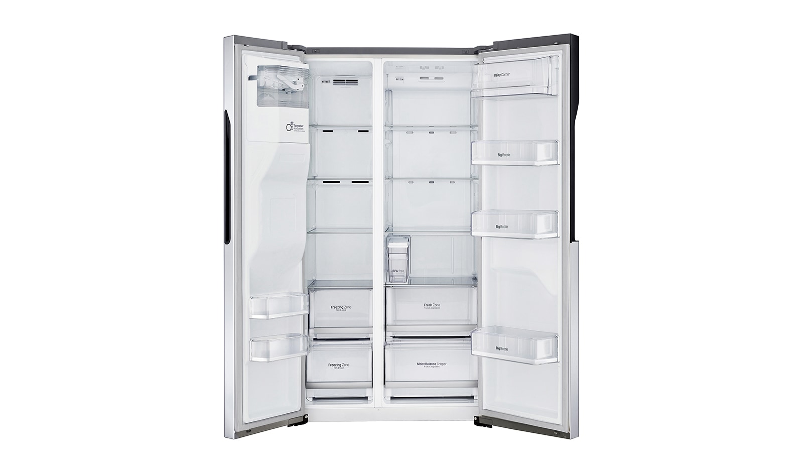 LG Side-by-Side mit Eis-, Crushed Ice- und Wasserspender | 591 Liter Kapazität | Energieeffizienzklasse F | Interner Wassertank 4L | Steel | GSL561PZUZ, GSL561PZUZ